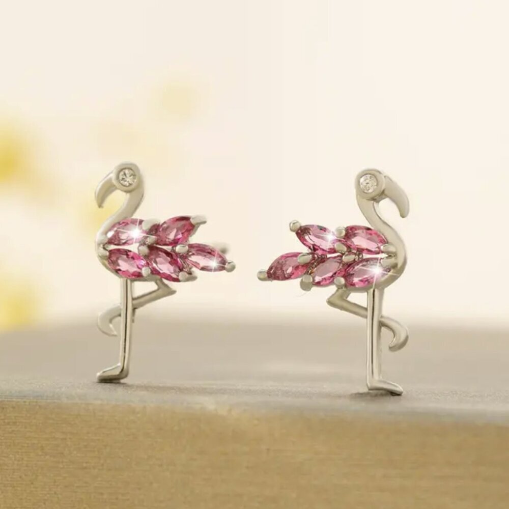 Flamingo Earrings Inlaid Pink Cubic Zirconia